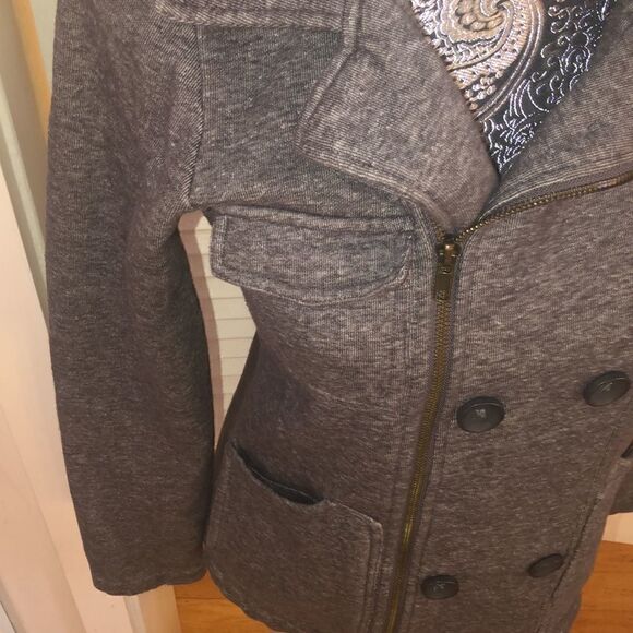 Billabong Gray Zip Up Cotton Moto  Jacket Peacoat Button Detail Fleece inside. - Picture 5 of 17